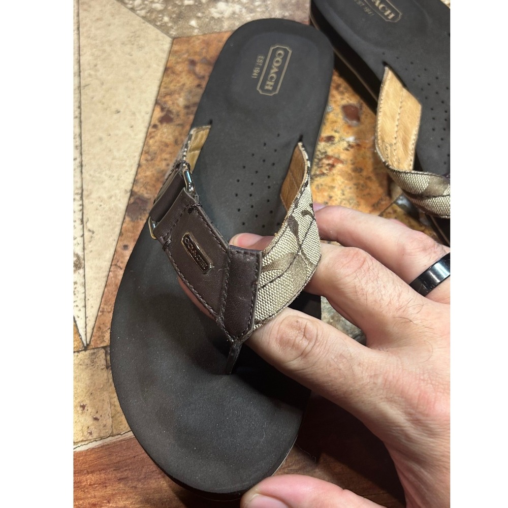 Coach Signature Jacquard Thong Sandals Brown Khaki Flip Flops Womens 9.5B